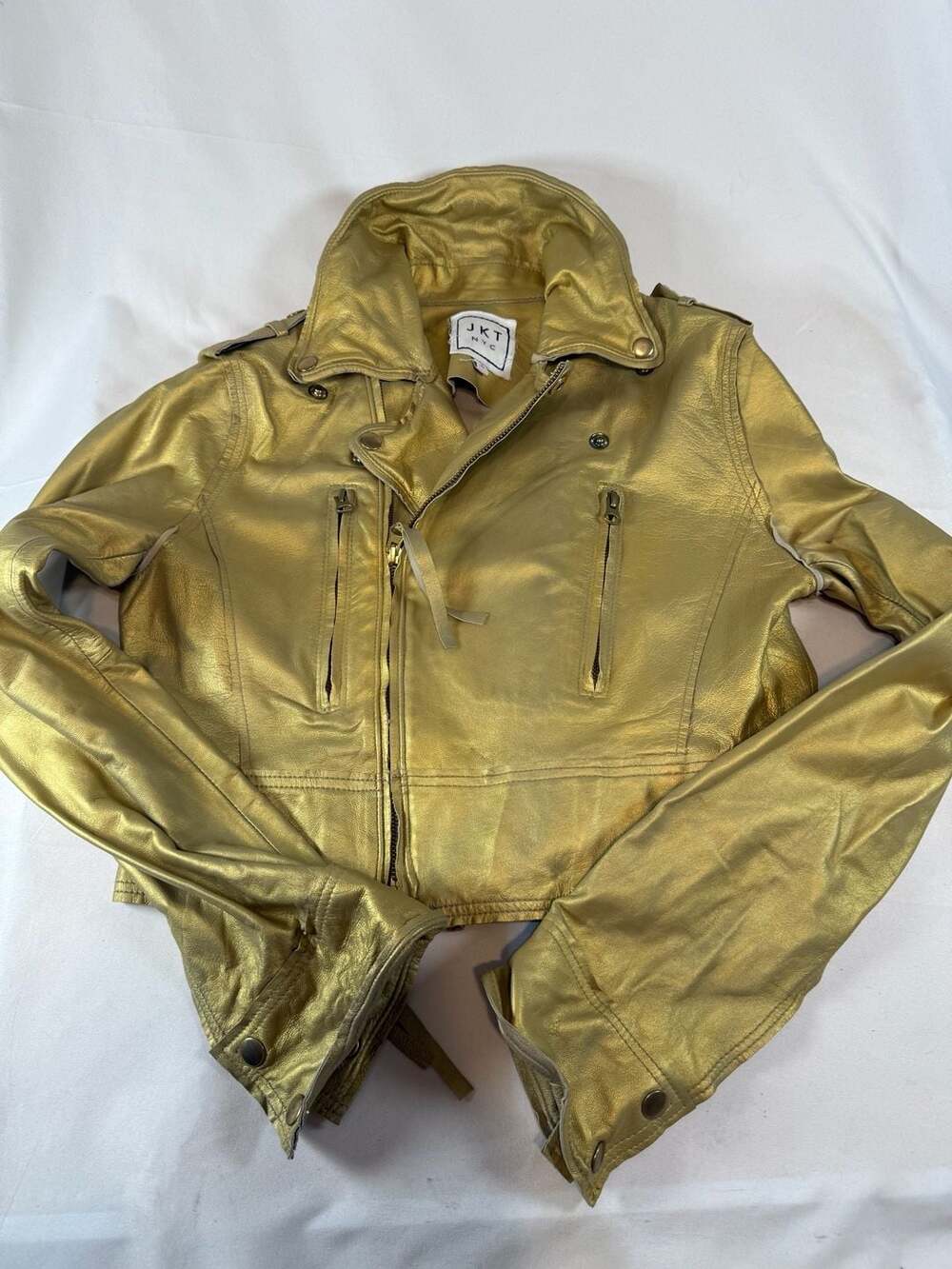 Jkt Nyc Womens Leather Jacket Size M Metallic Gold Biker Motorcycle Zip y2k Whis